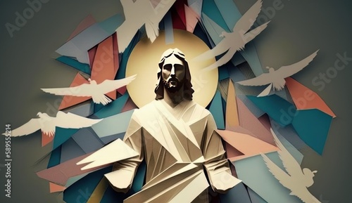 Ascension of Jesus Christ. son of god in heaven . Origami art. photo