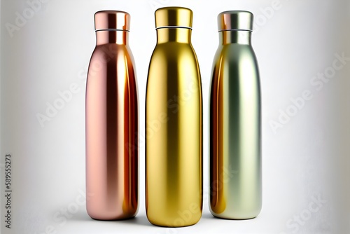 Glossy Metal Thermos Water Bottles on White Background - Perfect for Hydration on the Go!