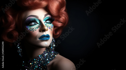 Drag queen make up studio shot over dark background with copy space for text. Generative AI
