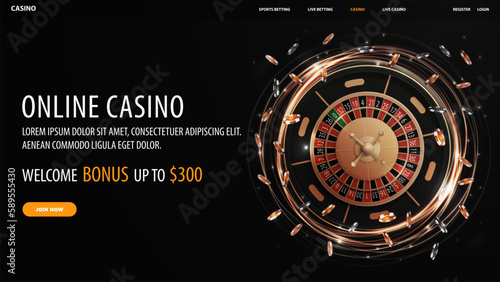 Online casino, black banner with offer, button and gold shine realistic rotate Casino Roulette wheel with poker chips