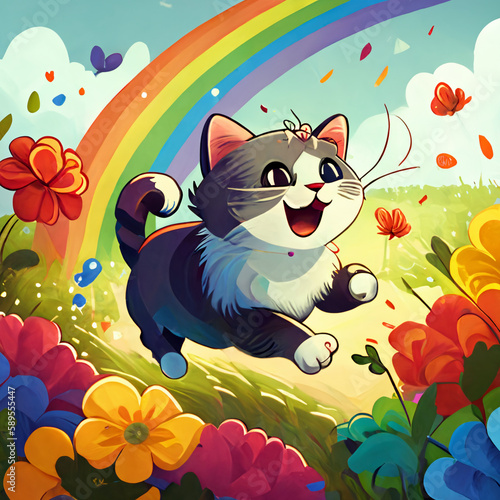 Kitten runs through a beautiful flowering meadow. AI generated