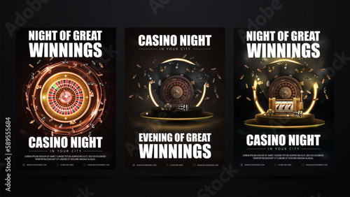 Casino night, set of invitation black posters with casino elements. Posters with Casino Roulette wheel, playing cards, slot machine and poker chips