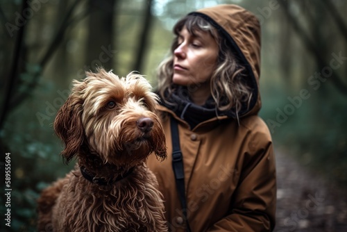 Woman walking her dog in the forest. Close up shot, focus on foreground. Generative AI