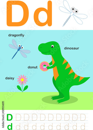 ABC for kids. Letter D. Worksheets for learning letters. Handwriting practice.