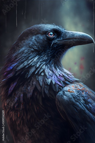 Raven in Flight: Majestic Bird Soaring Against a Vibrant Sky photo