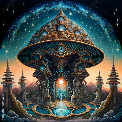 Mushroom Temple: A Cosmic Gathering of Fine Details in a Vibrant World