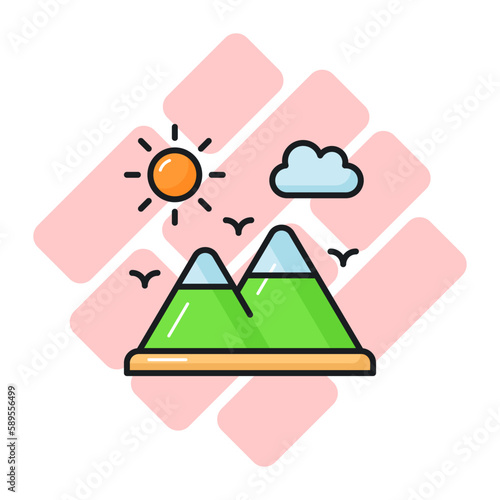 A beautiful view of the mountain landscape. Mountain and sun denoting icon of hill station in trendy style