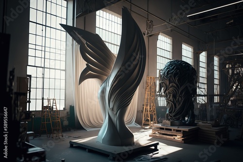 Modern sculpture in the making in a big bright studio  Generative Ai