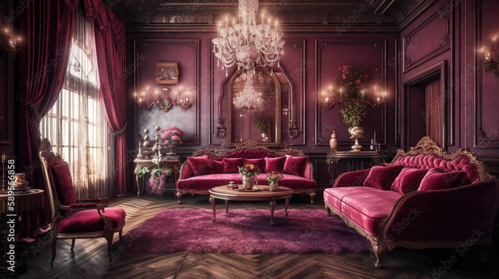Zoom background, A Luxurious Classic Living Room with Plush Pink Accents, Generative AI