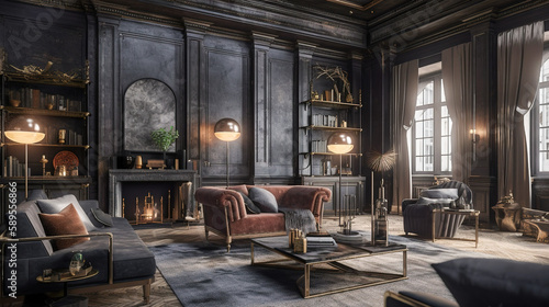 Zoom background  Dark and Dramatic Luxury  A Refined Living Room with Ornate Decor  Generative AI