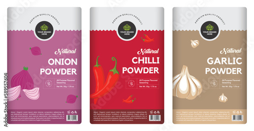Onion powder Chilli powder Garlic powder labels design, spice label collection box design, spice seasoning label template vector. Abstract vector packaging design layout set with realistic shadow.