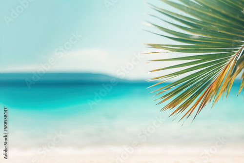 Palm leaf on the sand of a beach. Generative AI
