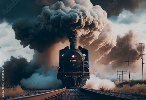 a train is coming down the tracks with smoke coming out of it's stacks of smoke and steam coming out of it's stacks and a cloud of smoke billowing out of smoke. generative ai, generative ai