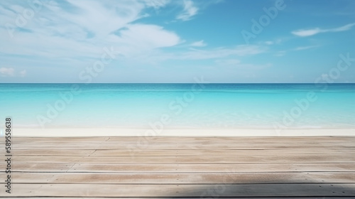 Empty wooden table and palm leaves with party on beach blurred background in summer time, Generative AI ,illustration
