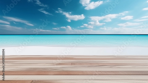 Empty wooden table and palm leaves with party on beach blurred background in summer time  Generative AI  illustration