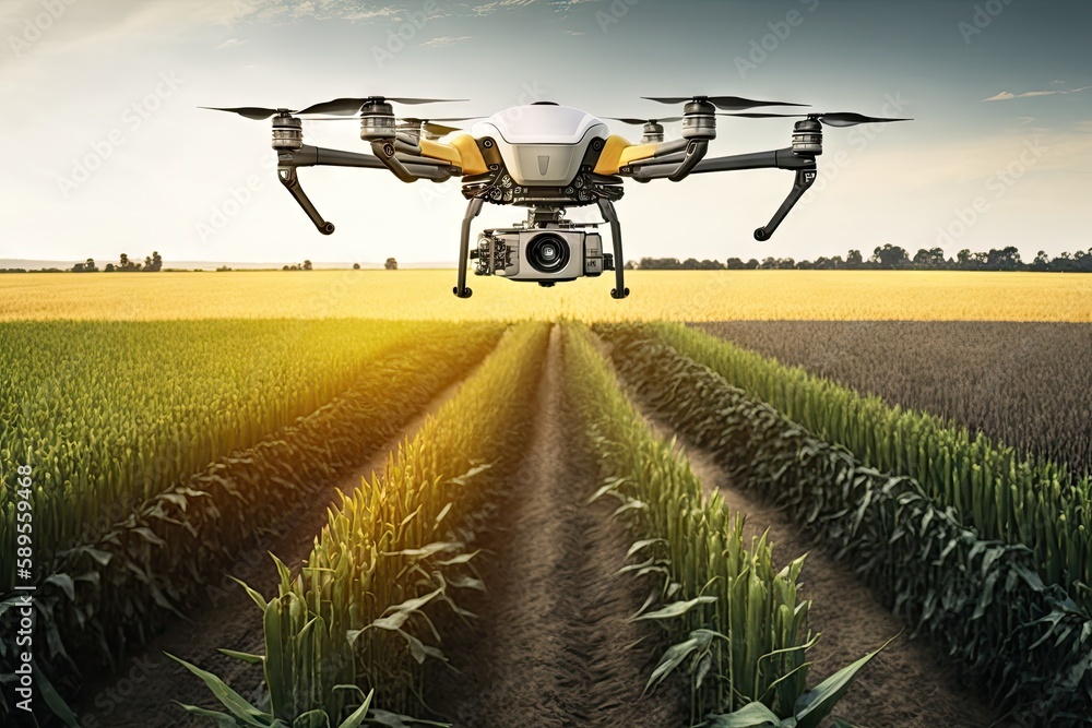 agronomist drone flying over large farm field with crop, created with generative ai agronomist drone flying over large farm field with crop, created with generative ai