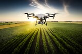 agronomist drone flying over large farm field with crop, created with generative ai
