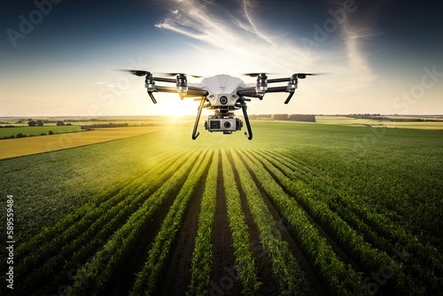 agronomist drone flying over large farm field with crop, created with generative ai