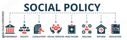 Banner of social policy web vector illustration concept with icons of government, society, legislation, social services, healthcare, welfare, reform, education