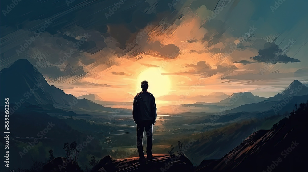 Obraz premium silhouette of a person in the mountains at sunrise created with Generative AI technology