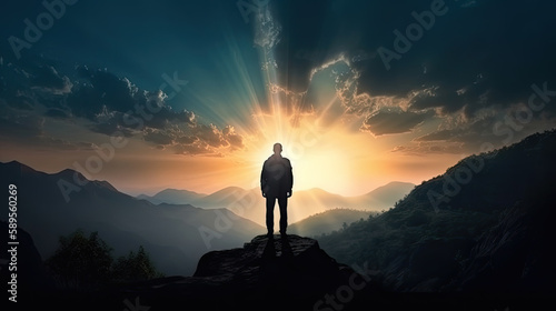 silhouette of a person in the mountains at sunrise created with Generative AI technology