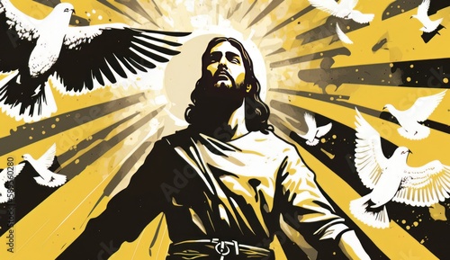 Jesus from behind and doves. ascension of Jesus christ. son of god in heaven resurrection of Jesus christ. bible character. yellow rays of divine light. collage paper art