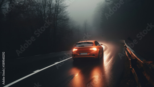 bright orange car on the road on a foggy morning.  Generative AI © Alex