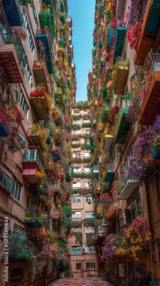 Giant colorful city, ethereal flowers, architecture, aspect ratio 9:16. Generative AI