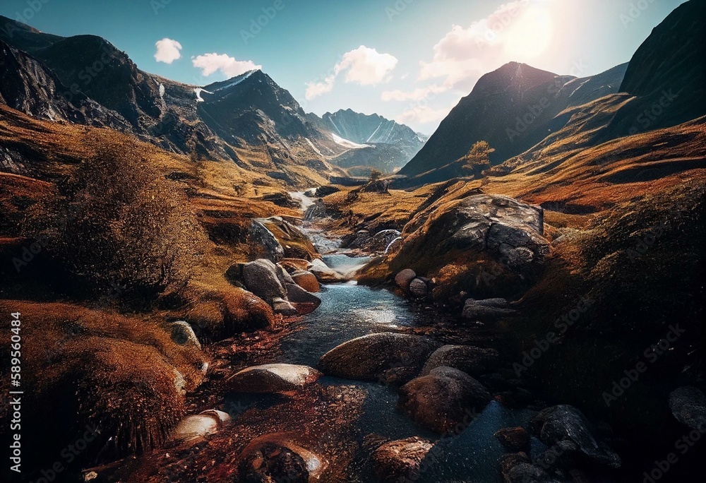 Beautiful view of a stream flowing among the mountains on a sunny day. Generative AI