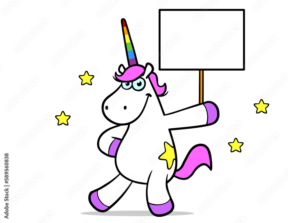 Lustiges Cartoon Einhorn zeigt ein leeres weißes Banner Lustiges Cartoon Einhorn zeigt ein leeres weißes Banner