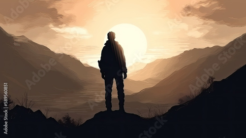 silhouette of a person in the mountains at sunrise created with Generative AI technology