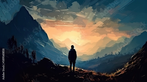 silhouette of a person in the mountains at sunrise created with Generative AI technology