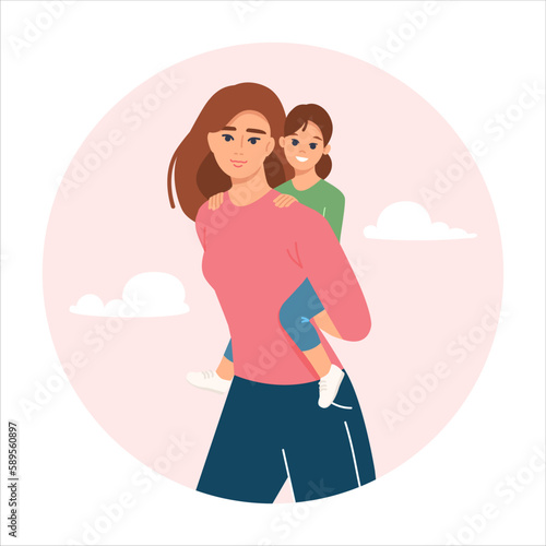 Happy kid riding on mothers back. Smiling laughing mom carrying daughter child. Joyful mum and girl having fun together, piggyback. Vector illustration in flat style