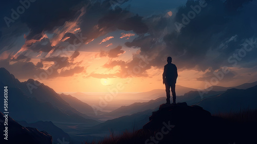 silhouette of a person in the mountains at sunrise created with Generative AI technology