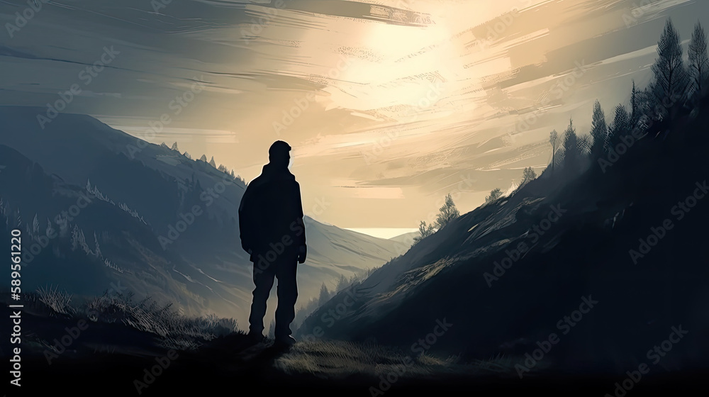 Obraz premium silhouette of a person in the mountains at sunrise created with Generative AI technology