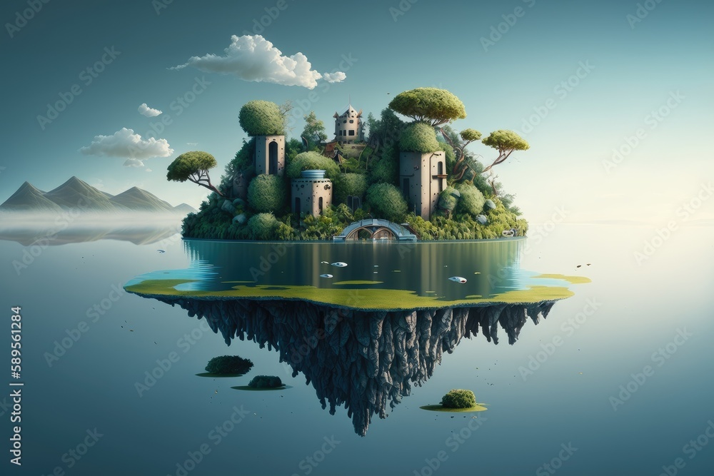 a surreal float island that appears to be in the middle of a lake ...