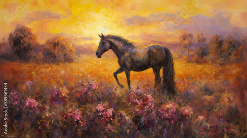 Horse in field of wildflowers at golden sunset  serene and tranquil scene  oil painting effect  generative AI