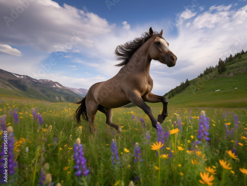 Hose galloping through vibrant wildflower field, majestic creature, freedom and adventure, generative AI