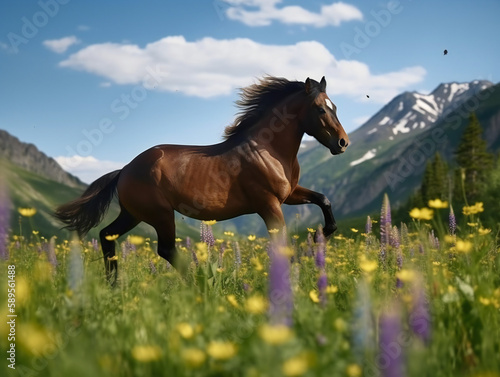 Hose galloping through vibrant wildflower field  majestic creature  freedom and adventure  generative AI