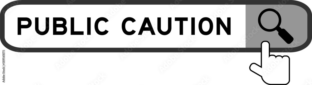 Search banner in word public caution with hand over magnifier icon on white background