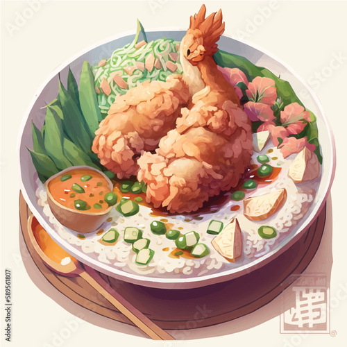 Kao Mun Gai Tod (Fried Chicken and Rice)  delicious meal, cartoon, art, elements for restaurant menu poster or stickers

