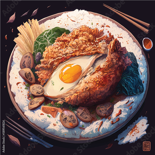 Kao Mun Gai Tod (Fried Chicken and Rice)  delicious meal, cartoon, art, elements for restaurant menu poster or stickers
