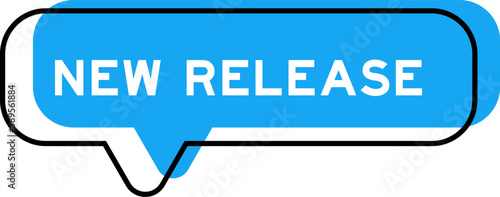 Speech banner and blue shade with word new release on white background