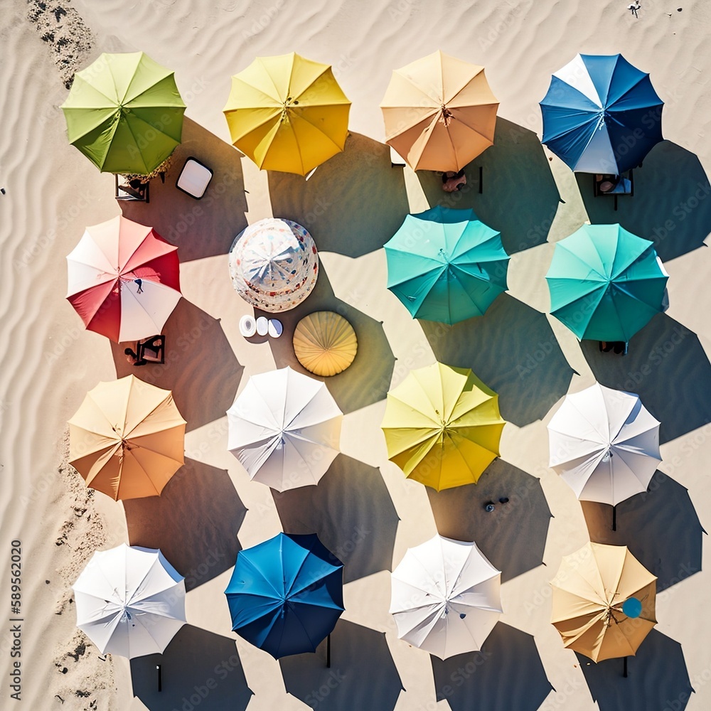 Beach umbrellas aligned on beach summer light aerial high angle view color many patterned sand wash ashore parasol hot summer top striped concept Generative AI Beach umbrellas aligned on beach summer light aerial high angle view color many patterned sand wash ashore parasol hot summer top striped concept Generative AI