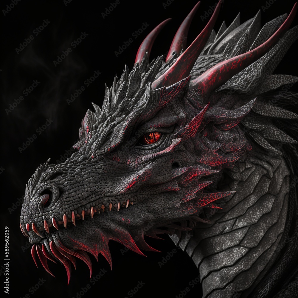 black and red dragon head seen close up on black background sharp ...