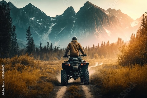 person, riding atv through the forest, with view of majestic mountain range in the background, created with generative ai