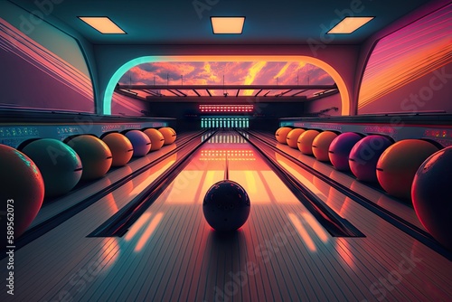 bowling alley, with colorful lanes and balls on display, during sunset, created with generative ai photo