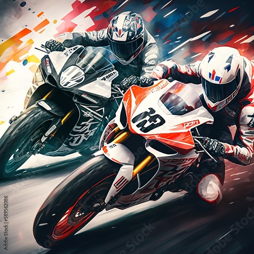 Extreme athlete Sport Motorcycles Raceing on race track speed fast threadbare on an asphalt road crash helmet competitor in the bend motor motorbike yellow red orange Generative AI © Gerg