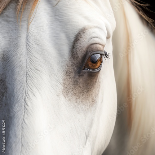 Extreme close up of horse eyes front view looking at camera banner with copy space. white horse, brown eyes pony with a mane smooth haired animal portrait Generative AI 