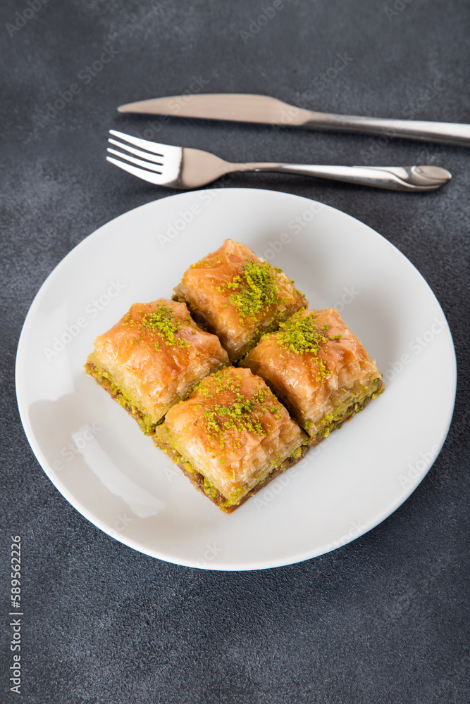 Pistachio Turkish baklava on a white plate.Traditional delicious Turkish baklava
Pistachio Turkish baklava on a white plate.Traditional delicious Turkish baklava